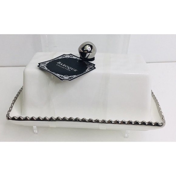 Butter Dish white and silver edged New - Picture 1 of 8